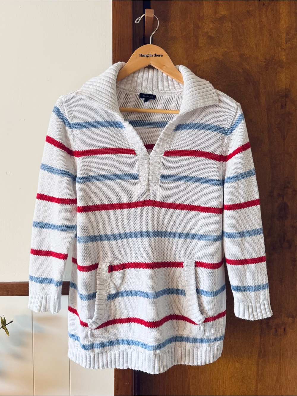 Talbots Striped Collared Sweater White Blue V-Neck Coastal Preppy Women’s Medium